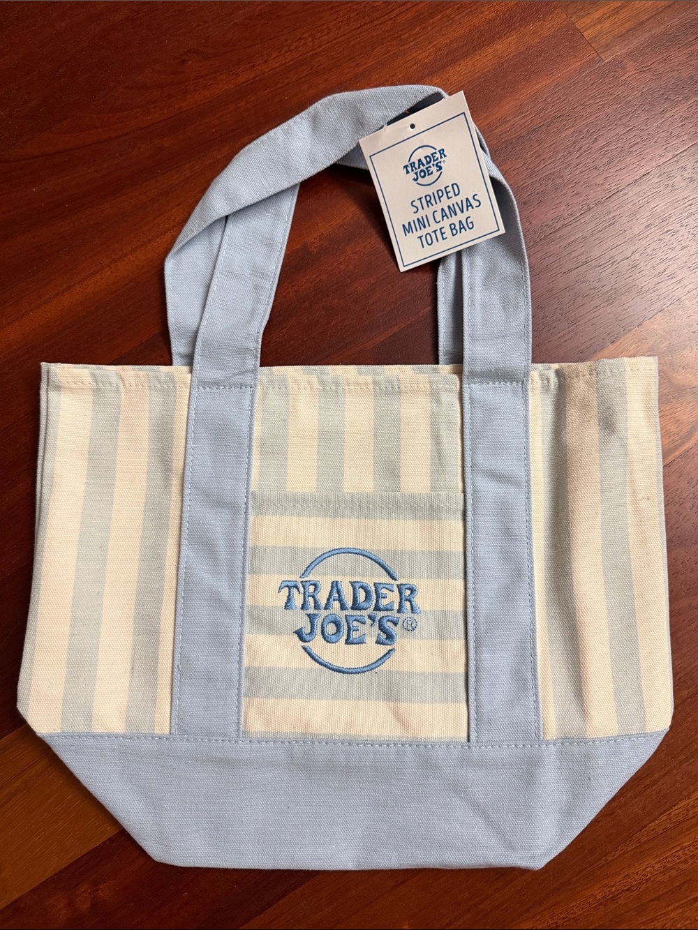 Trader Joe's Striped Mini Canvas Tote Bag in Light Blue and Cream